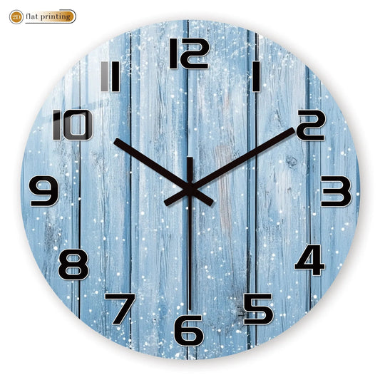 Rustic Blue Wooden Plank Wall Clock with Snowflakes, Winter Theme Home Office Decor, Silent Quartz Movement Decorative Design