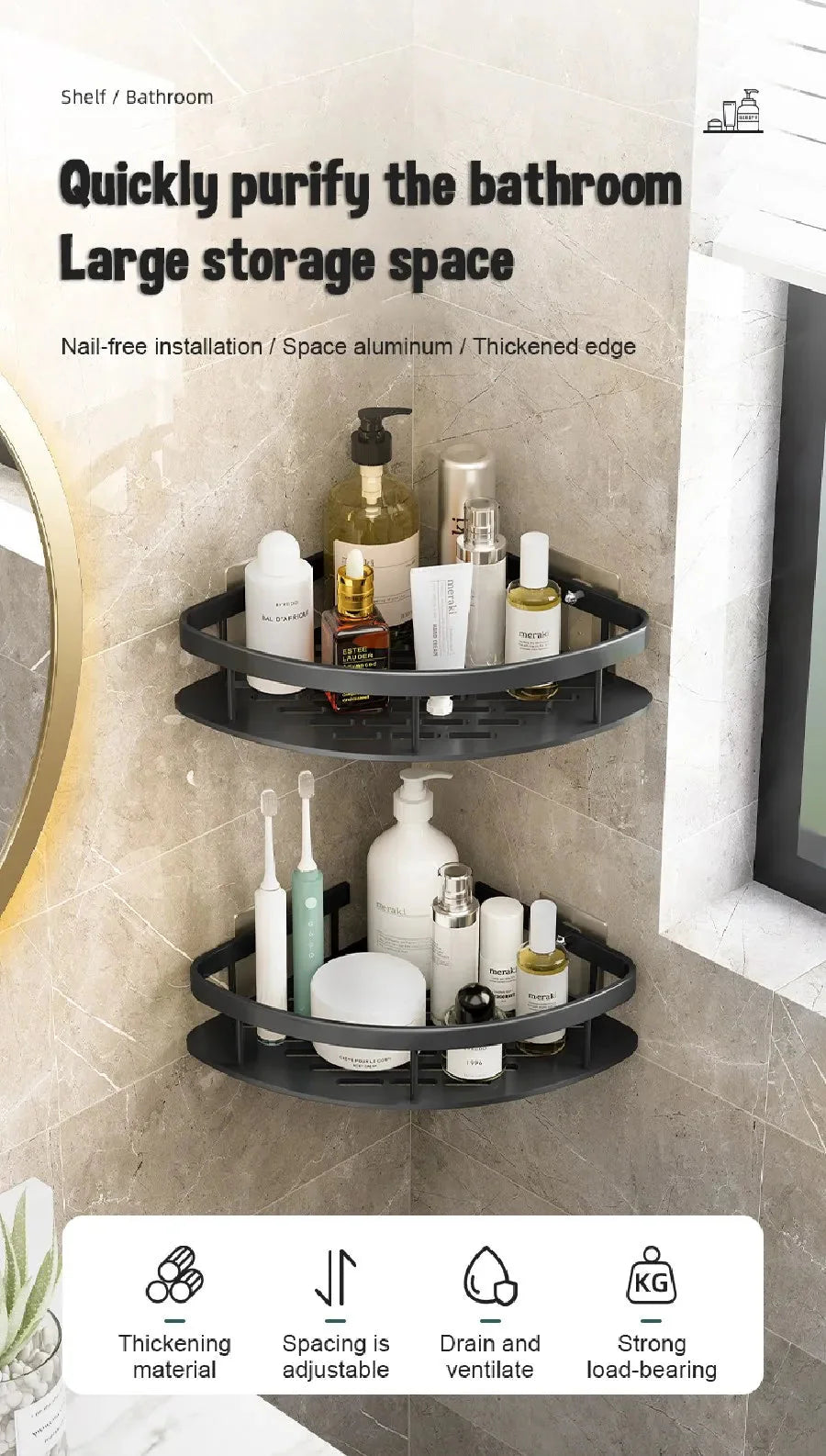Bathroom Shelves Wall Mounted Non perforated Bathroom Shelf Shower  Storage Shelf  Kitchen Organizer  Bathroom Corner Shelf