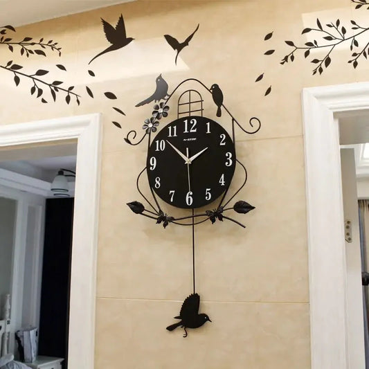 Creative Black Iron Swing Hanging Bird Wall Clock, Durable, Electronic, Large, Arts And Crafts, Modern Design