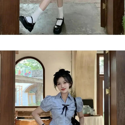 Bow-rinked Striped Shirt for Women Summer French Sweet and Spicy Puff Sleeve Shirt Short Short Sleeve Top