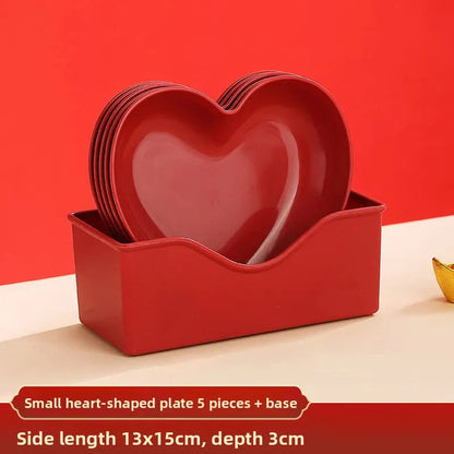 Red Heart Shaped Plates Set for Wedding and Festival Candy and Snack Serving Cake and Snack Plate Kitchen Utensils