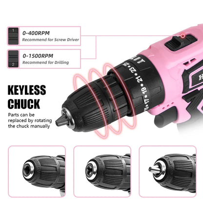 HILDA 21V Pink Drill Electric Drill Electric Screwdriver  Cordless Drill Mini Wireless Power Tools Lithium-Ion Battery