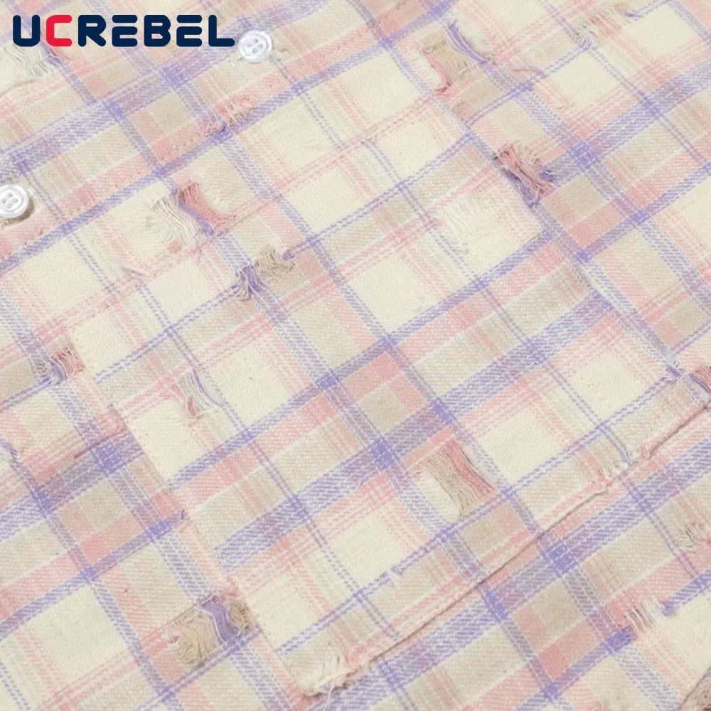 Ripped Plaid Long Sleeve Shirts Mens Pocket Autumn High Street Loose Lapel Single Breasted Checked Shirt Men