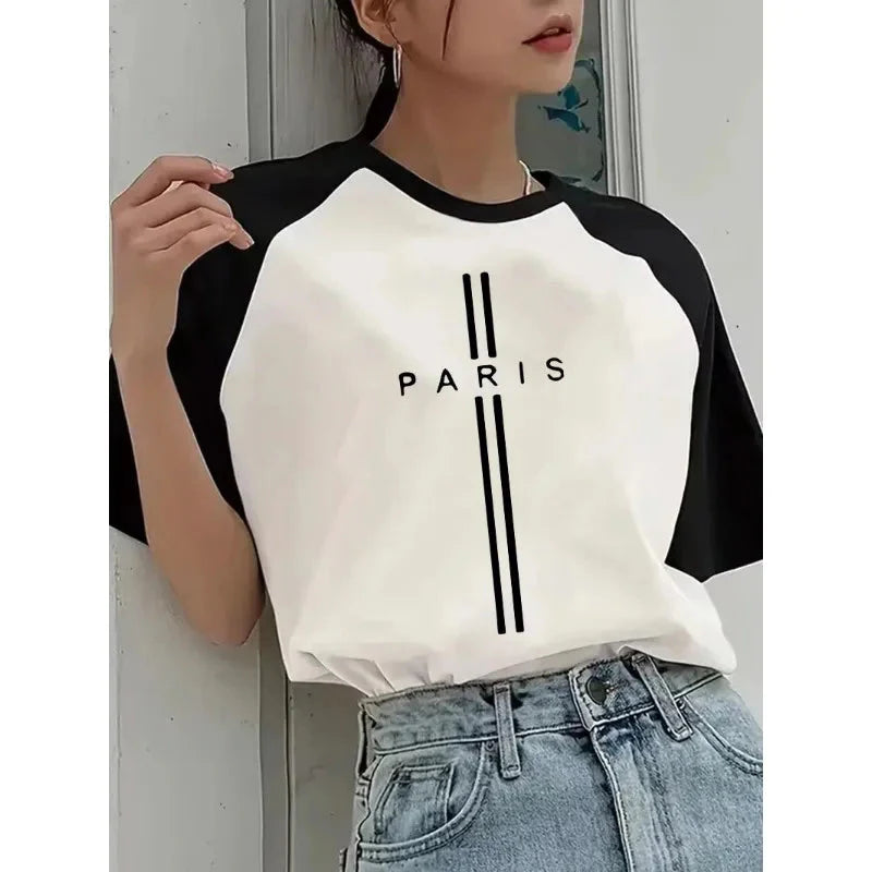 Women's Paris France Letter Print Crew Neck Short Sleeve T Shirt 90s Y2k Korean Style Tee Tops Casual Graphic T-Shirt Clothing