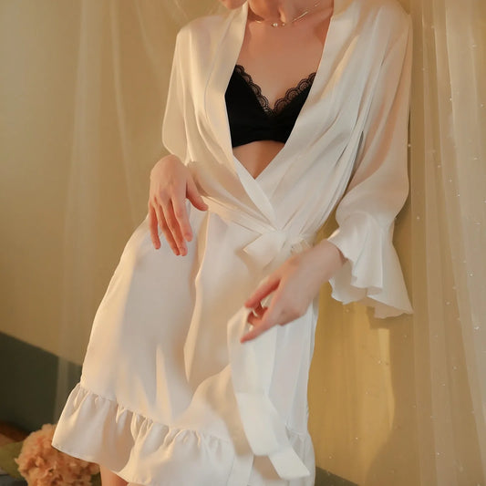 Sexy Flare Sleeve Kimono Gown Women Wedding Robe Silk Rayon Home Dress Elegant Ruffle Sleepwear Cozy Nightgown Intimate Lingerie