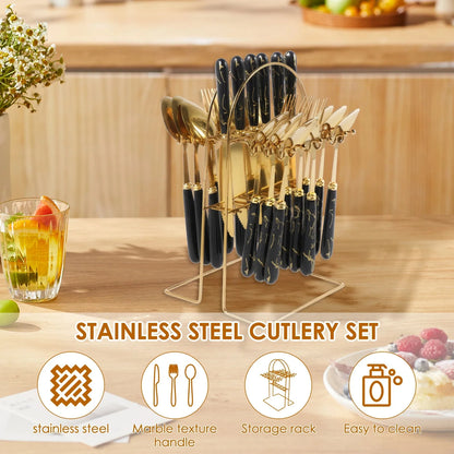 24-Piece Stainless Steel Silverware Set with Vertical Hanging Storage Rack - Mirror Polished Flatware