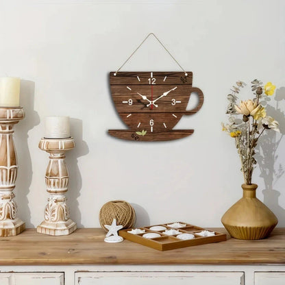 Coffee Cup Shaped Wooden Silent Hanging Wall Clock,Wood Grain Design Suitable For Living Room,Study Room,Bedroom,Home Decoration