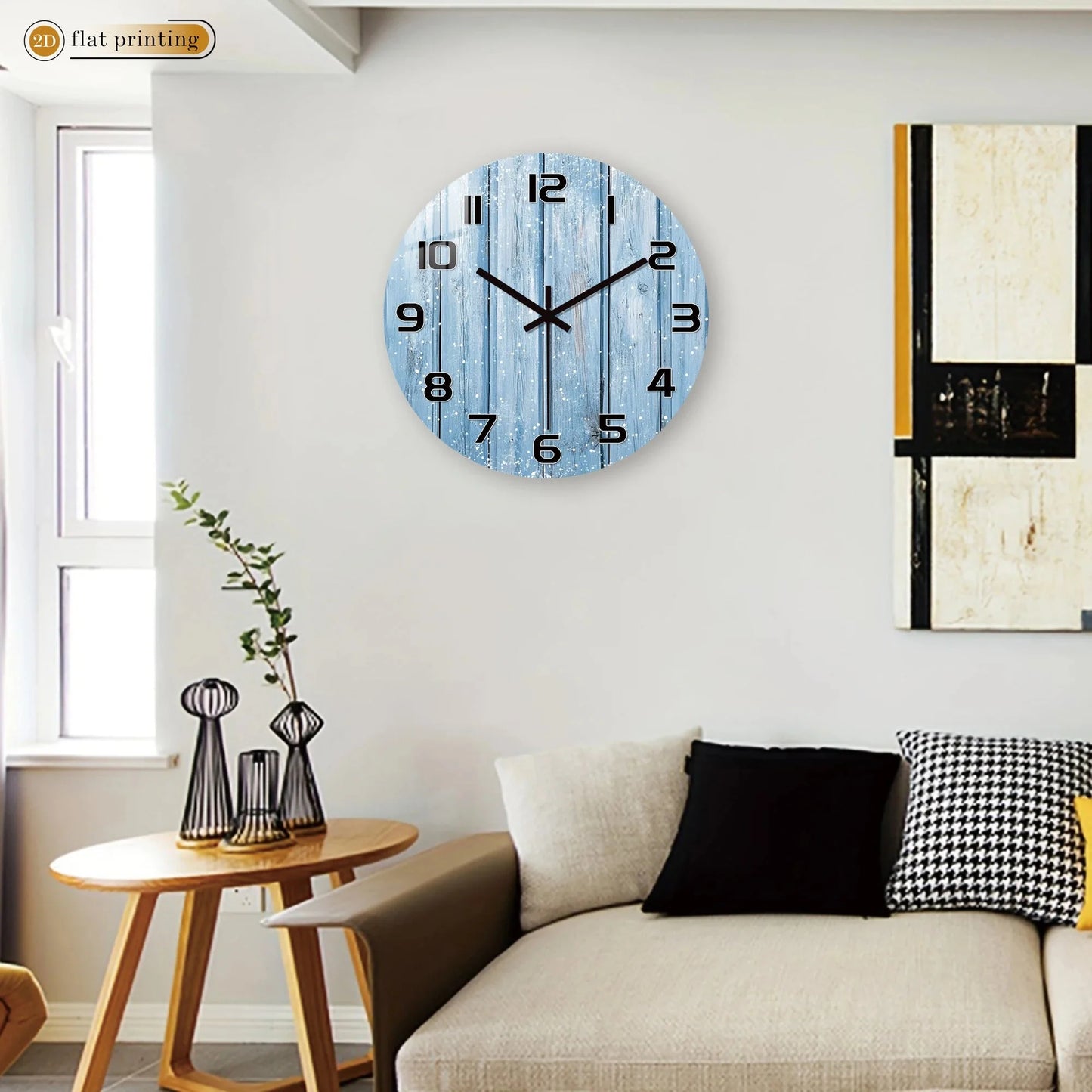 Rustic Blue Wooden Plank Wall Clock with Snowflakes, Winter Theme Home Office Decor, Silent Quartz Movement Decorative Design