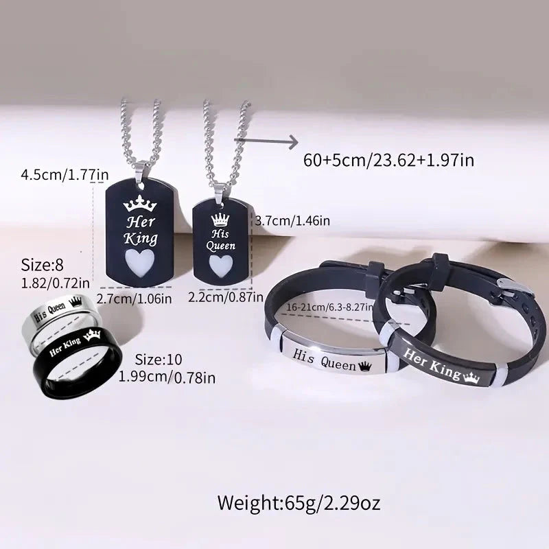 Stainless Steel Luminous Her King&His Queen Crown Jewelry Sets for Women Necklace Bracelet Ring Statement Couple Jewelry Gifts