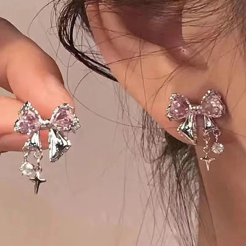 Fashion Fairy Pink Crystal Bow Knot Pendant Necklaces Y2K Girls Sweet Rhinestone Heart Clavicle Chain Women Jewelry Gifts