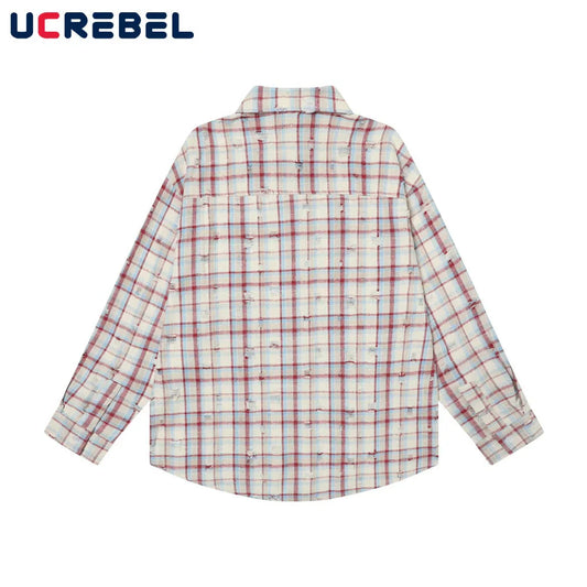 Ripped Plaid Long Sleeve Shirts Mens Pocket Autumn High Street Loose Lapel Single Breasted Checked Shirt Men
