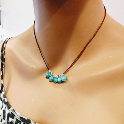 Silver Green Blue Shell Bead Charm Leather Necklace