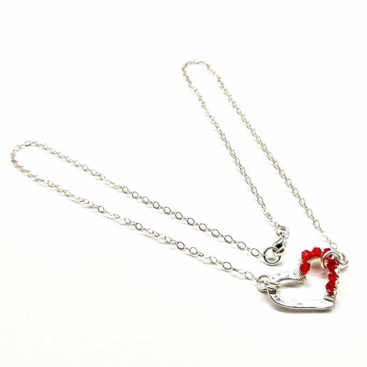 Silver Red Crystal Hammered Heart Necklace