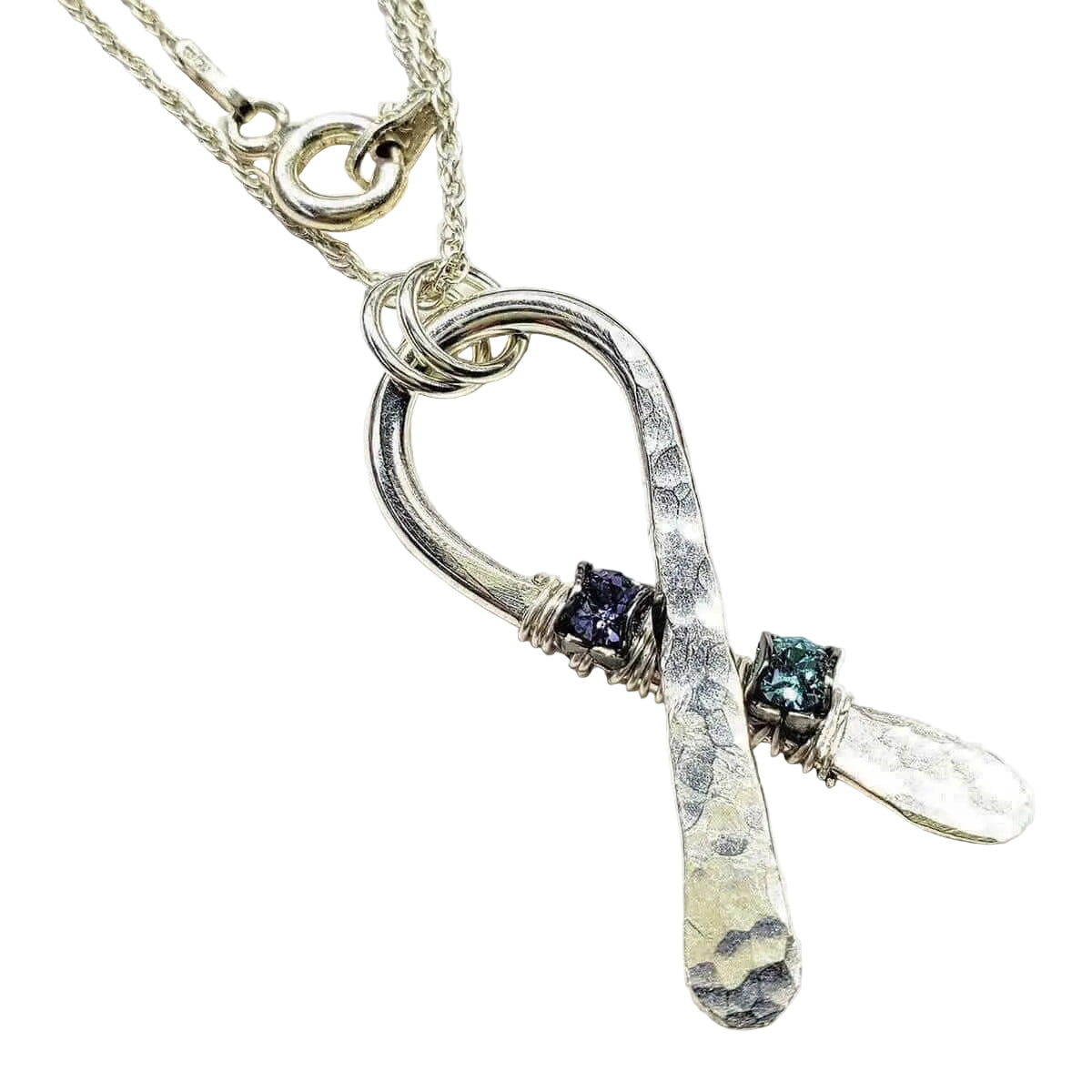 Silver Suicide Prevention Awareness Ribbon Necklace with Purple and Teal Crystals