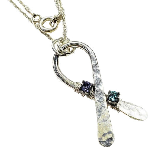Silver Suicide Prevention Awareness Ribbon Necklace with Purple and Teal Crystals