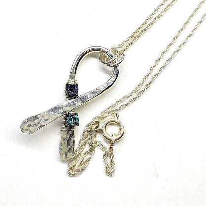 Silver Suicide Prevention Awareness Ribbon Necklace with Purple and Teal Crystals