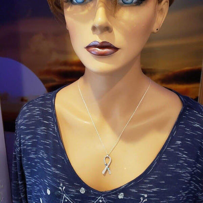Silver Suicide Prevention Awareness Ribbon Necklace with Purple and Teal Crystals