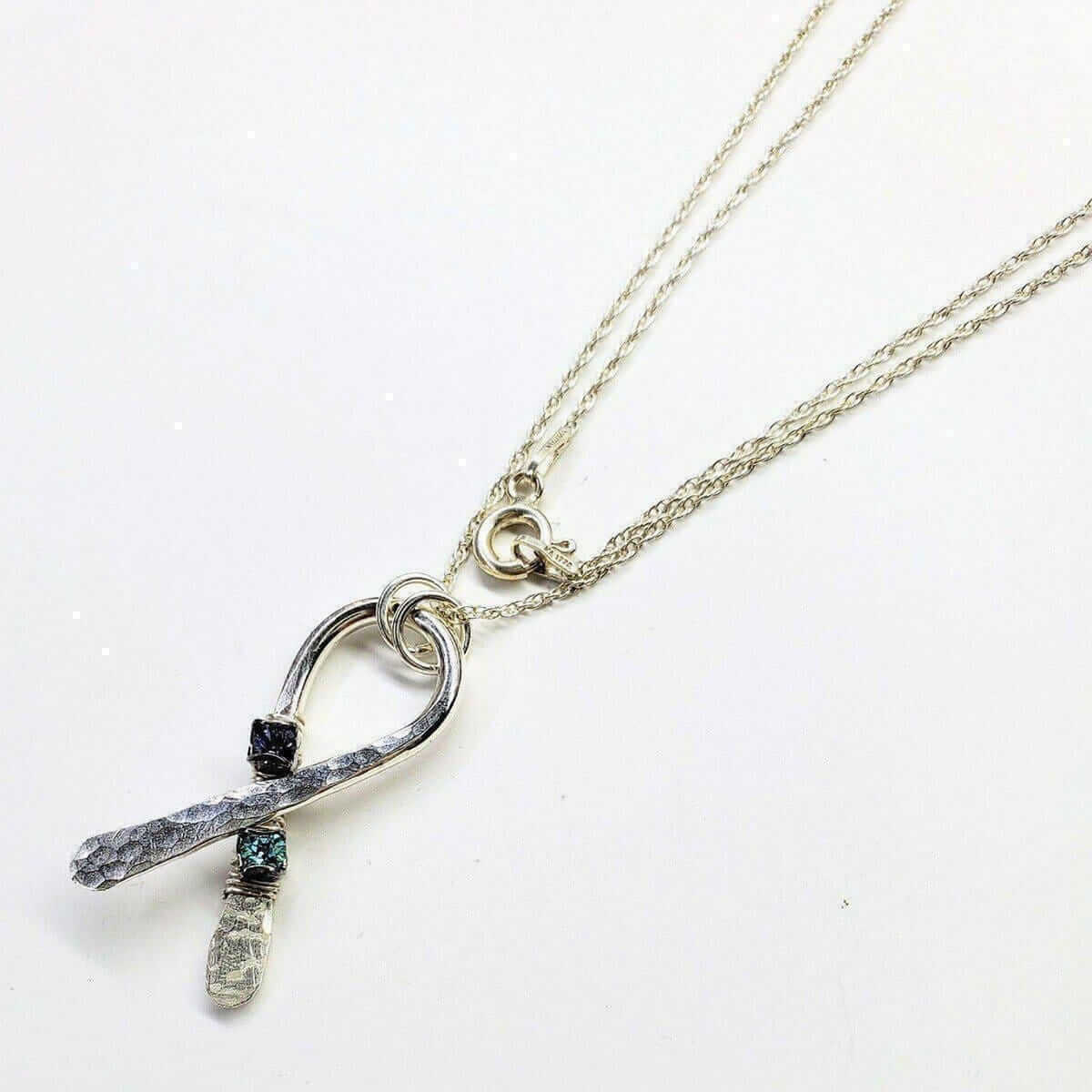Silver Suicide Prevention Awareness Ribbon Necklace with Purple and Teal Crystals
