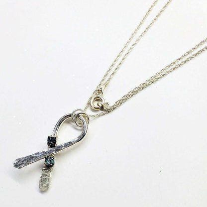 Silver Suicide Prevention Awareness Ribbon Necklace with Purple and Teal Crystals