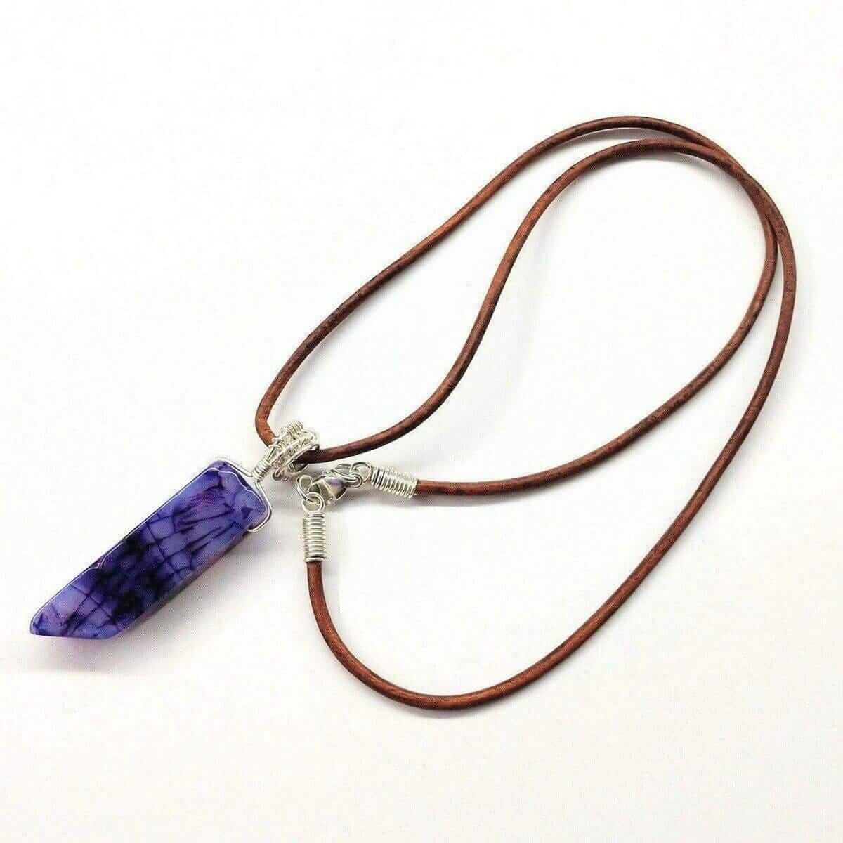 Silver Wrapped Purple Dyed Crackle Agate Point Necklace
