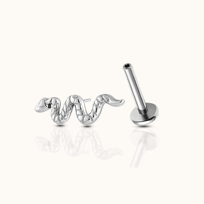Snake Coiled Cobra Textured Serpent Threadless Labret Titanium Flat Back Earring