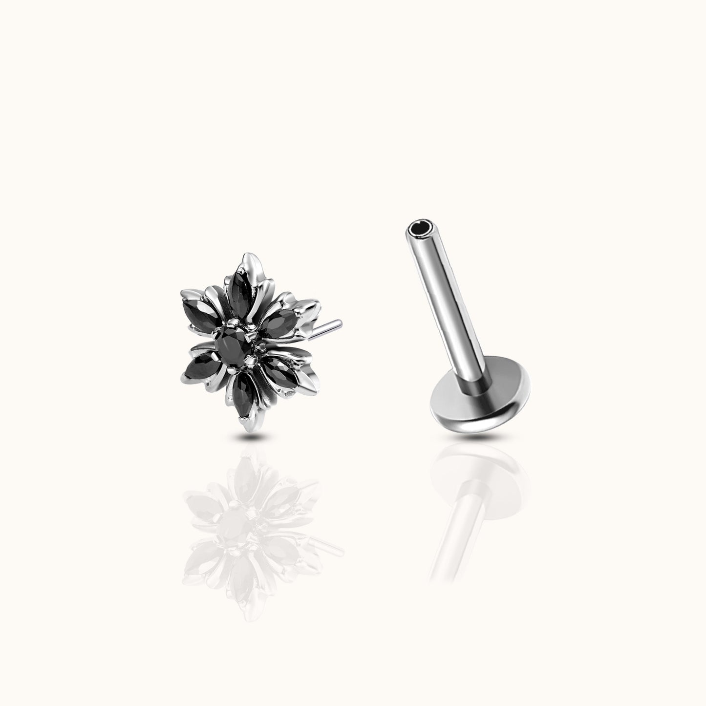Snowflake Black CZ Threadless Labret Titanium Flat Back Earring