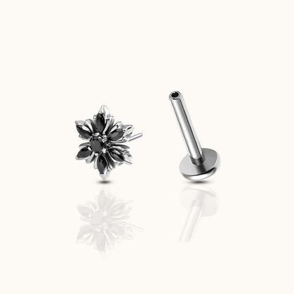 Snowflake Black CZ Threadless Labret Titanium Flat Back Earring