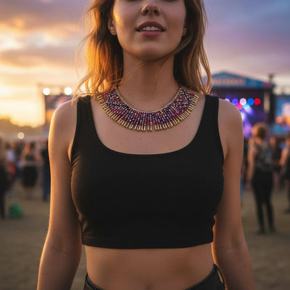 Beaded Swarovski Crystal Zig Zag Bib Choker Necklace
