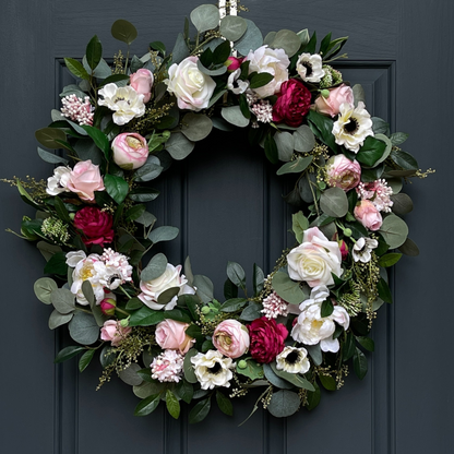 Pink Peony Wreath with Cream Roses & Eucalyptus