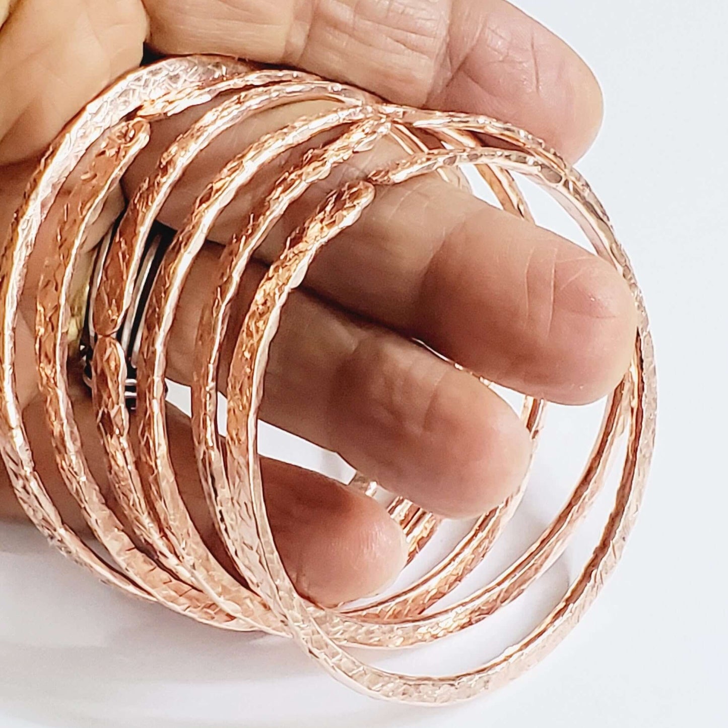 Stackable Copper Hammered Open Double Canted Angle Bangles