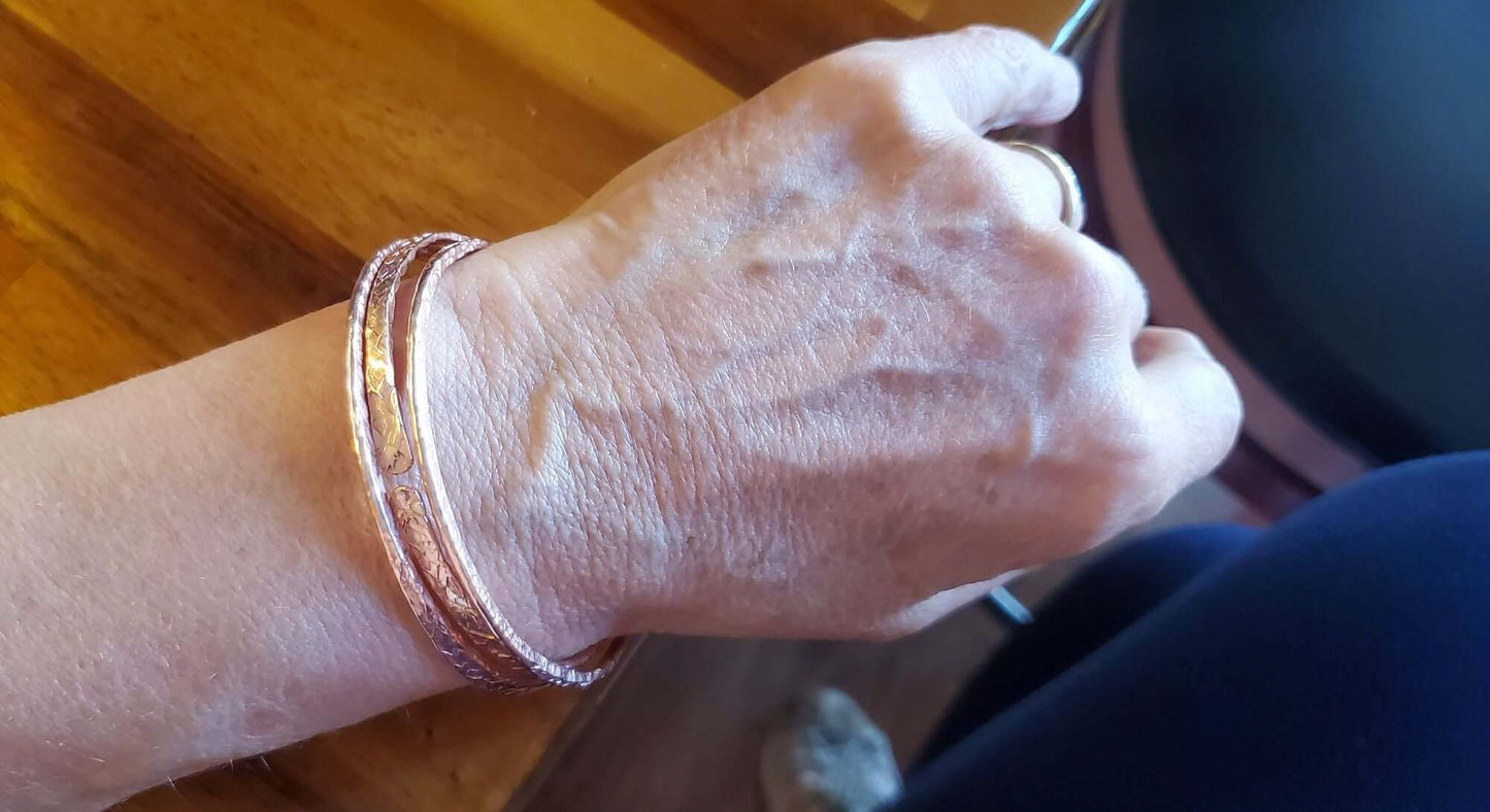 Stackable Copper Hammered Open Double Canted Angle Bangles