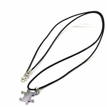 925 Silver Autism Awareness Puzzle Piece Leather Necklace