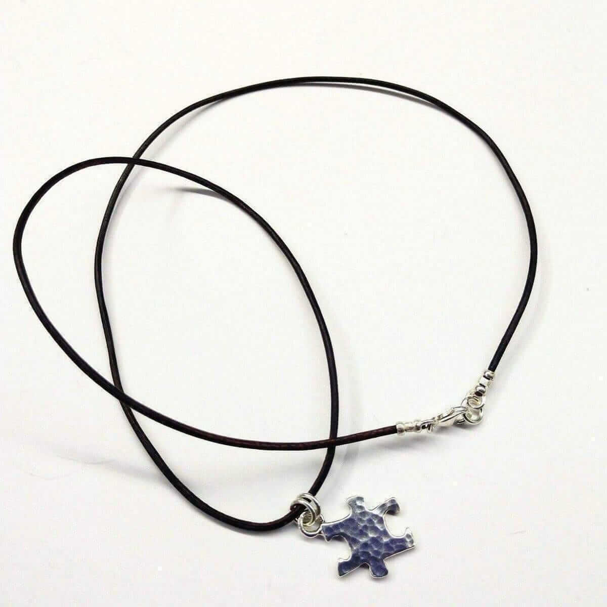 925 Silver Autism Awareness Puzzle Piece Leather Necklace