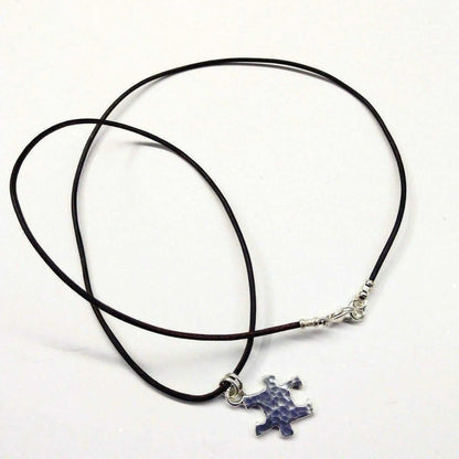 925 Silver Autism Awareness Puzzle Piece Leather Necklace