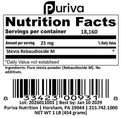 Stevia Reb M powder, (Reb-M | Rebaudioside M), 1 pound | 454 grams, Puriva Nutrition