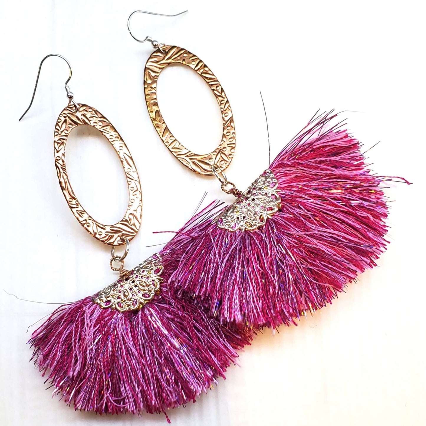 Long Copper Embossed Pink and Purple Silk Tassel Earrings