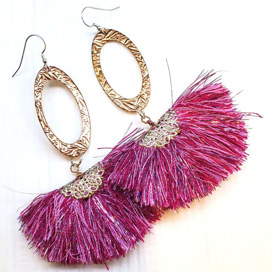 Long Copper Embossed Pink and Purple Silk Tassel Earrings
