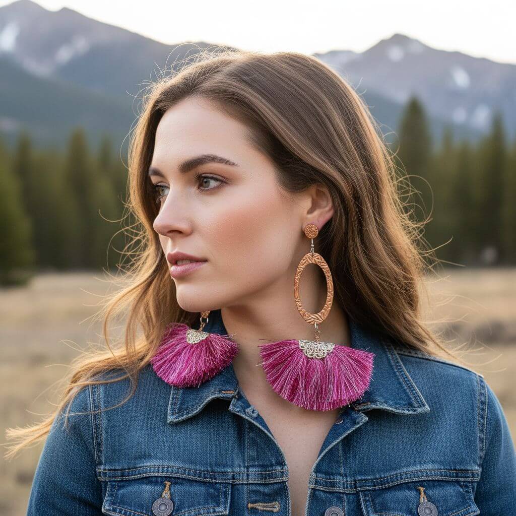 Long Copper Embossed Pink and Purple Silk Tassel Earrings