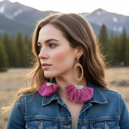 Long Copper Embossed Pink and Purple Silk Tassel Earrings