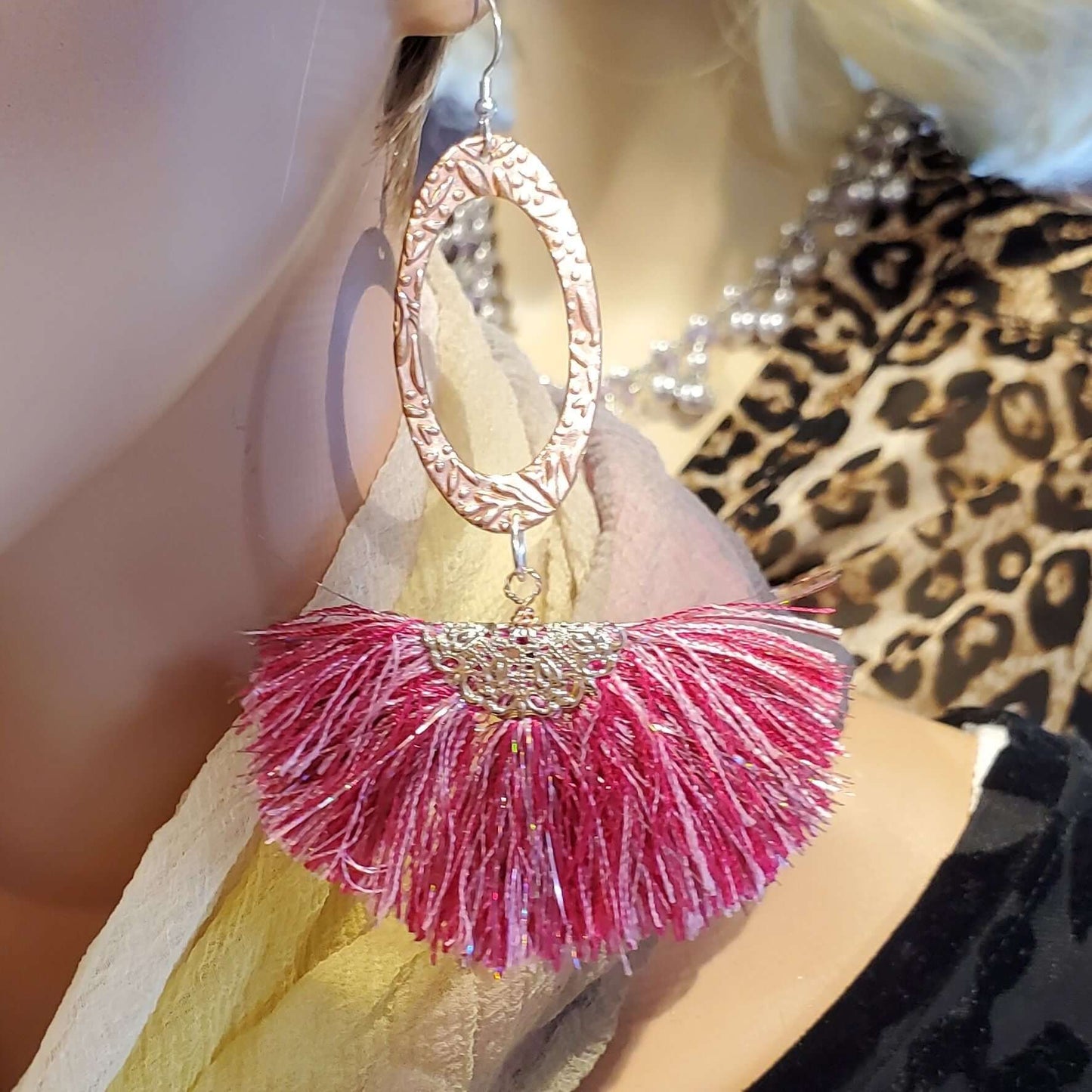 Long Copper Embossed Pink and Purple Silk Tassel Earrings