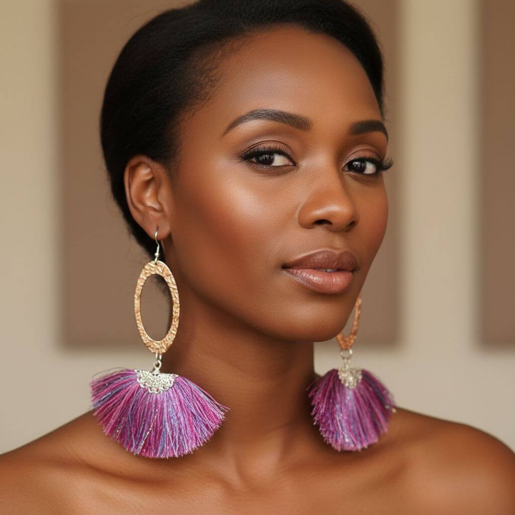 Long Copper Embossed Pink and Purple Silk Tassel Earrings