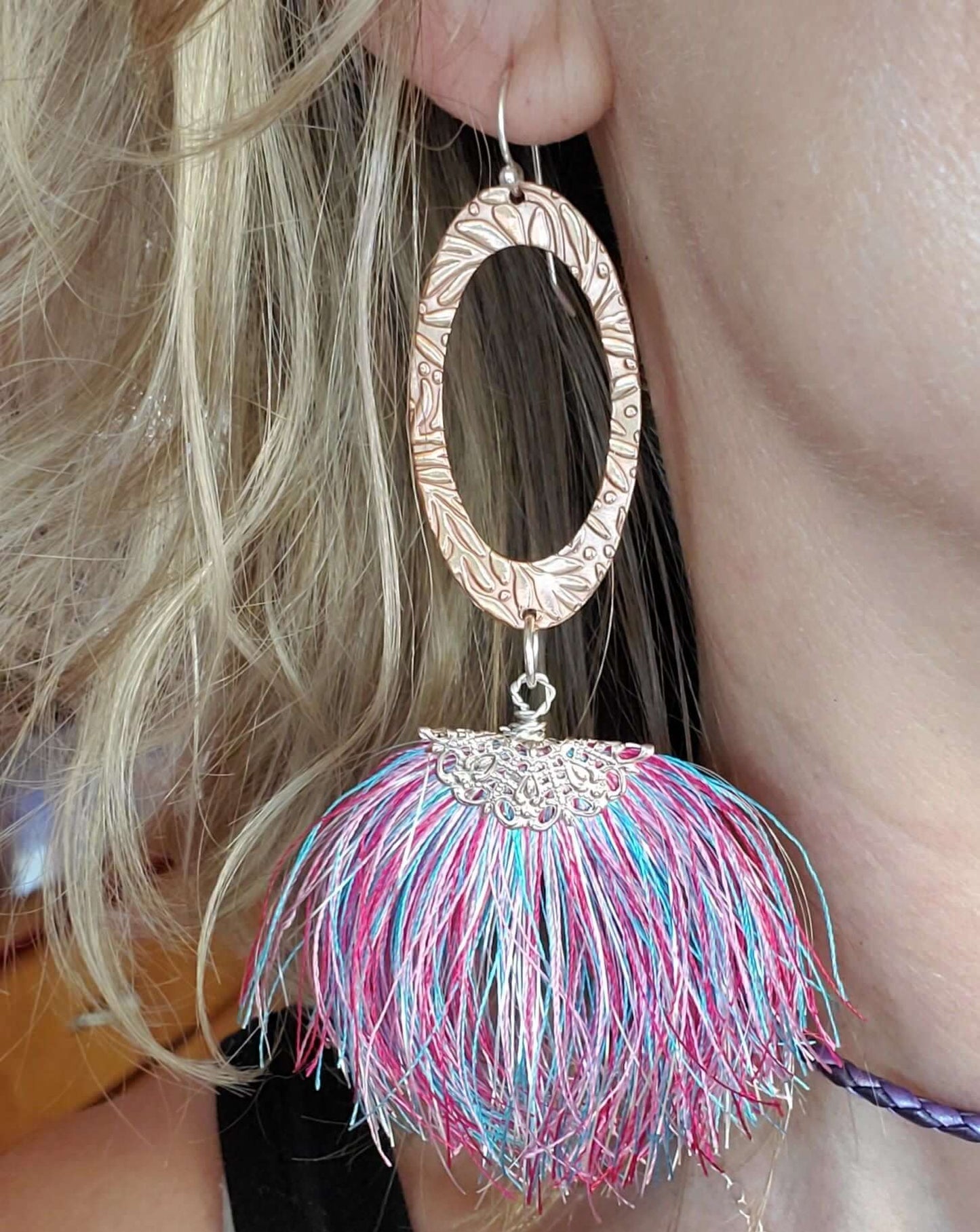 Long Copper Embossed Pink and Purple Silk Tassel Earrings