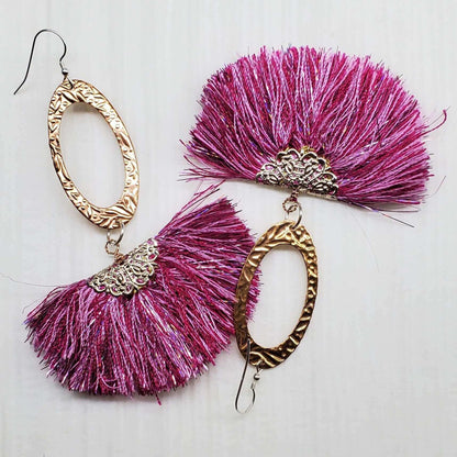 Long Copper Embossed Pink and Purple Silk Tassel Earrings