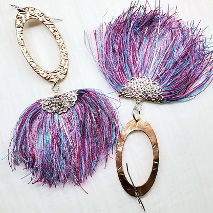 Long Copper Embossed Pink and Purple Silk Tassel Earrings