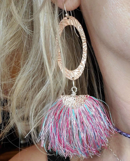 Long Copper Embossed Pink and Purple Silk Tassel Earrings