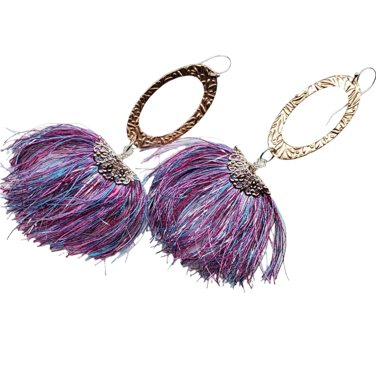 Long Copper Embossed Pink and Purple Silk Tassel Earrings