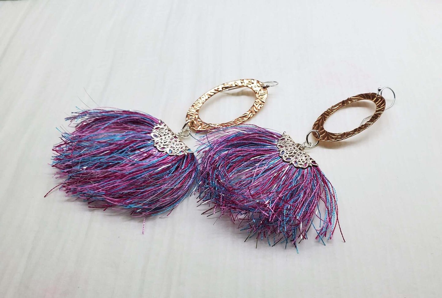 Long Copper Embossed Pink and Purple Silk Tassel Earrings