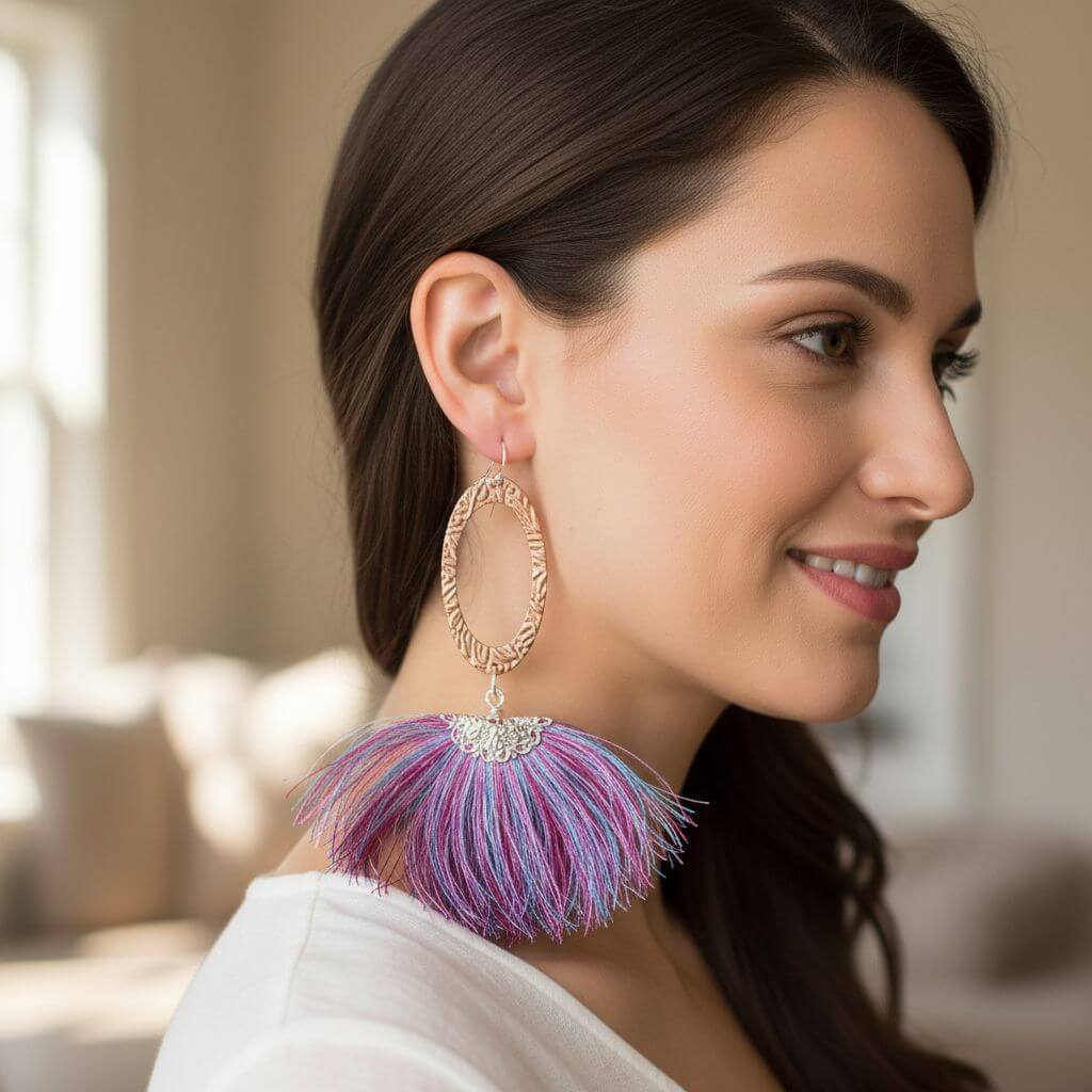 Long Copper Embossed Pink and Purple Silk Tassel Earrings