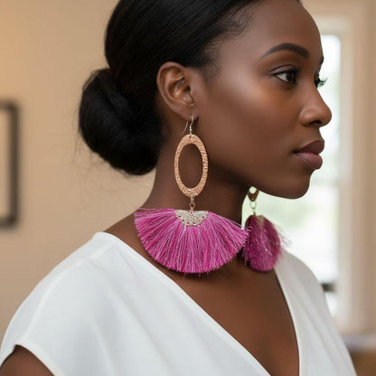 Long Copper Embossed Pink and Purple Silk Tassel Earrings