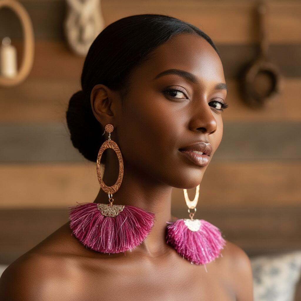 Long Copper Embossed Pink and Purple Silk Tassel Earrings